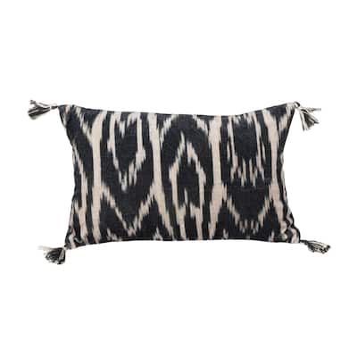 Cotton Velvet Ikat Printed Lumbar Pillow with Tassels and Chambray Back