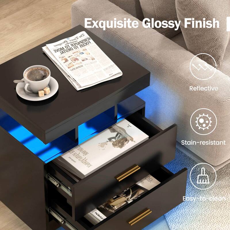 Costway LED Nightstand Set of 1/2 with 2 Storage Drawers Adjustable