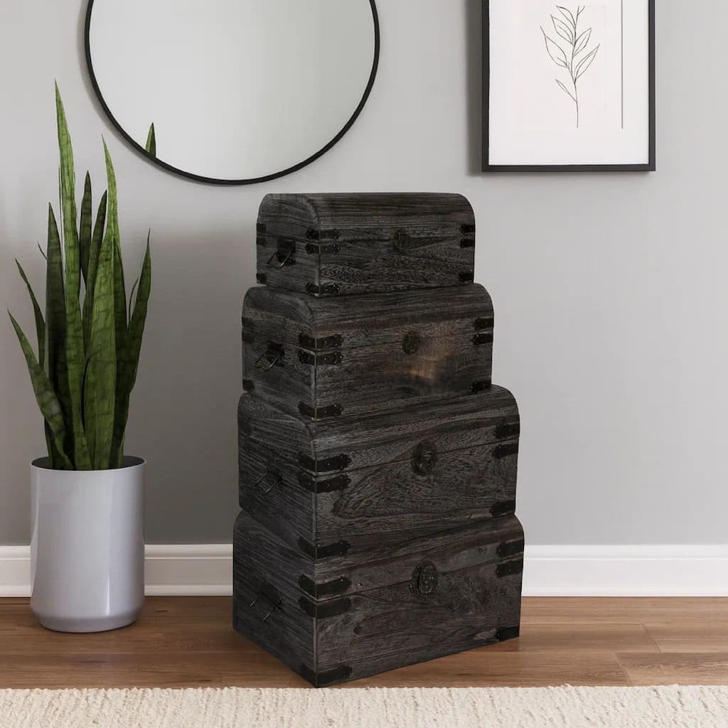 Wooden Lift Top Storage Box with Grain Details, Set of 3, Gray