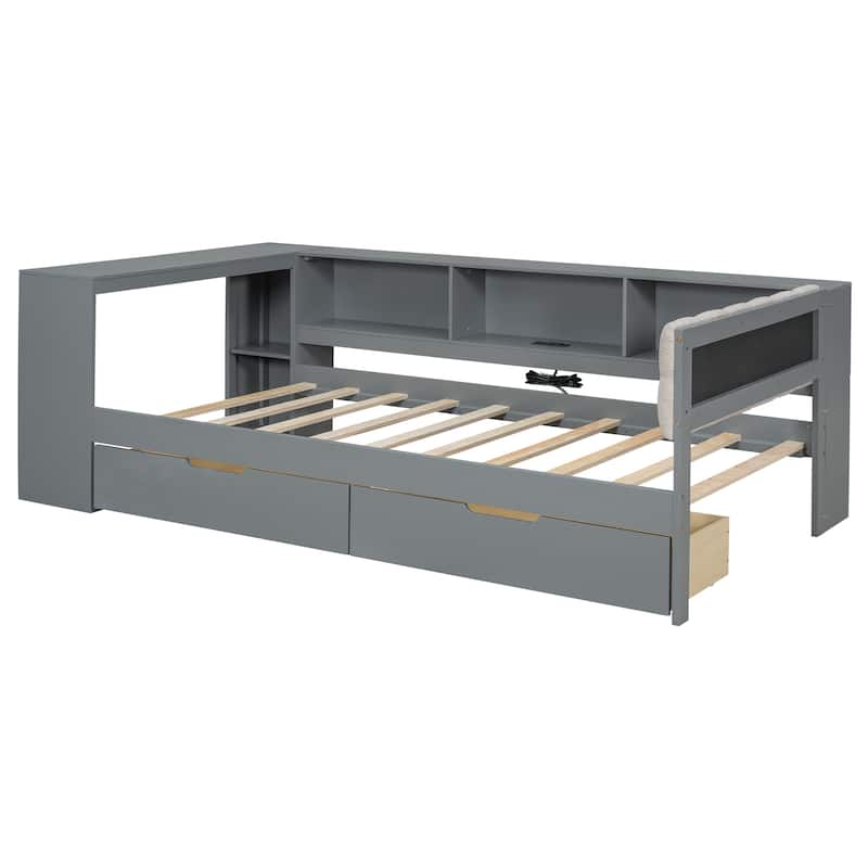 L-shaped Bed Frame with Desk,Shelves,Charging Station,and Optional Upholstered Sofa Bed with Trundle or Wood Daybed with Drawers