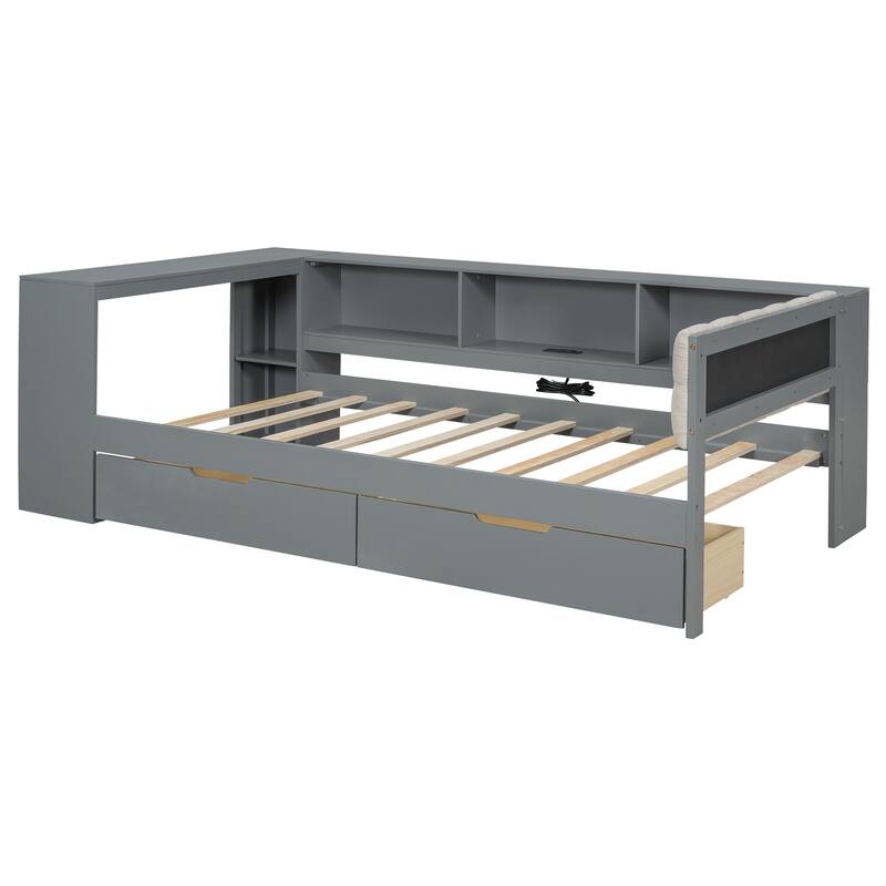 Roomfitters Twin Size Platform Bed, Wooden Frame with Shelves, Drawers, Charging Station and Upholstered Headboard