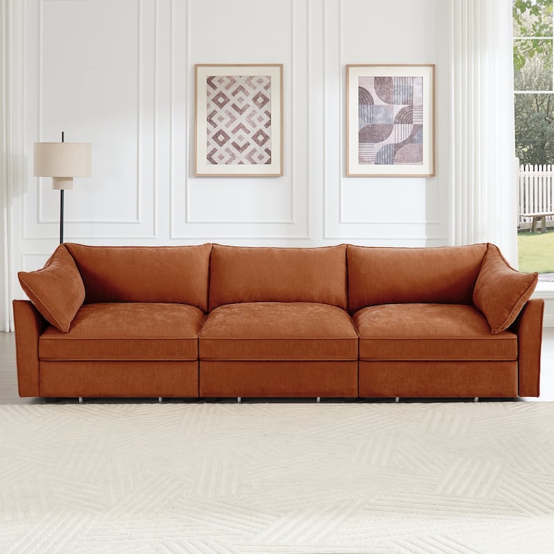 Rossetta 3-Seater Crescent Armrests Sofa with Pull-Out Storage Drawers and Wraparound Cushions in Classic Color Chenille - Orange
