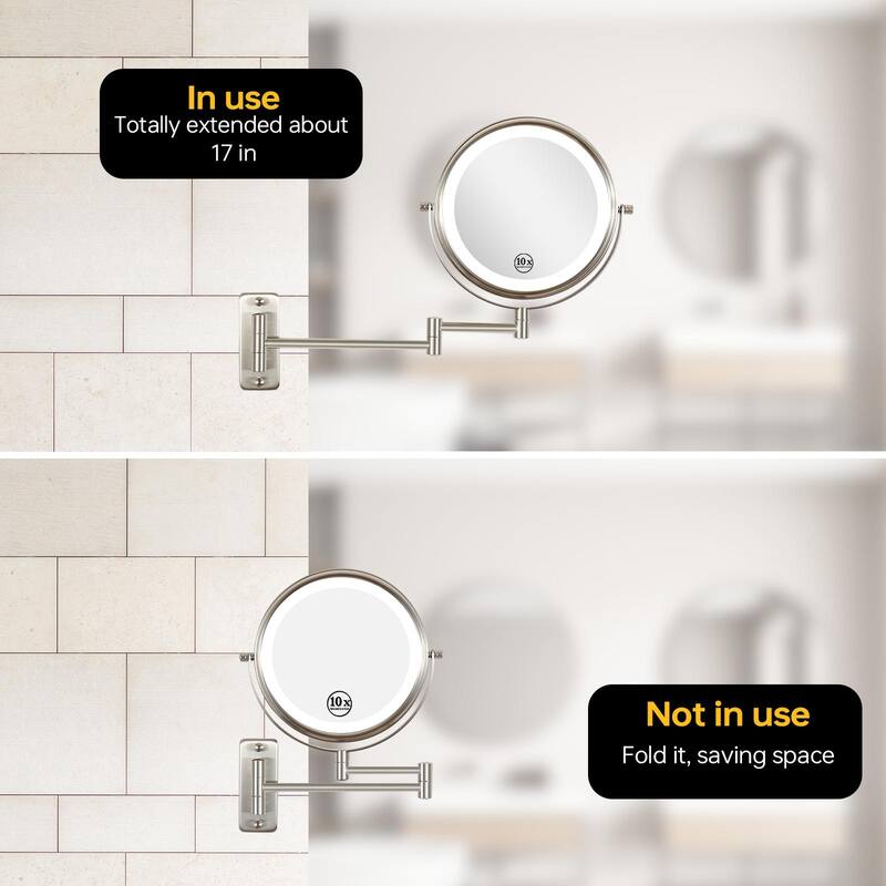 8" Wall-Mounted Makeup Mirror with Lights, Rechargeable 1X10X Magnifying Mirror Touch Screen Dimmable Built-in Battery