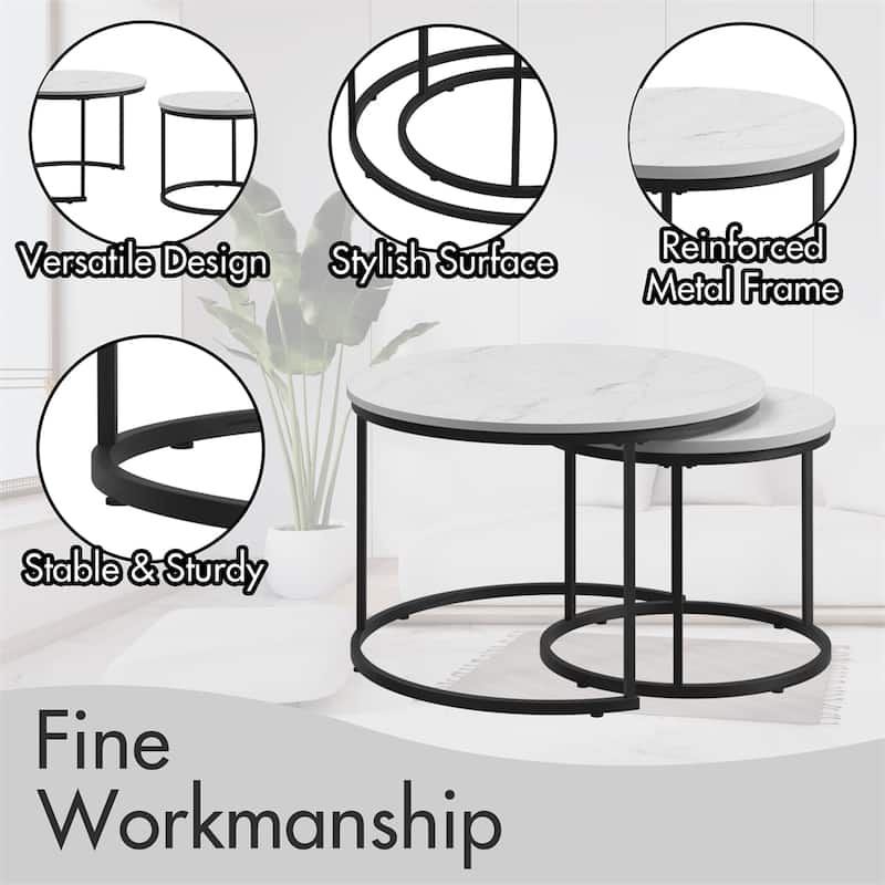 Round Nesting Coffee Table with Sturdy Metal Frame (Set of 2)
