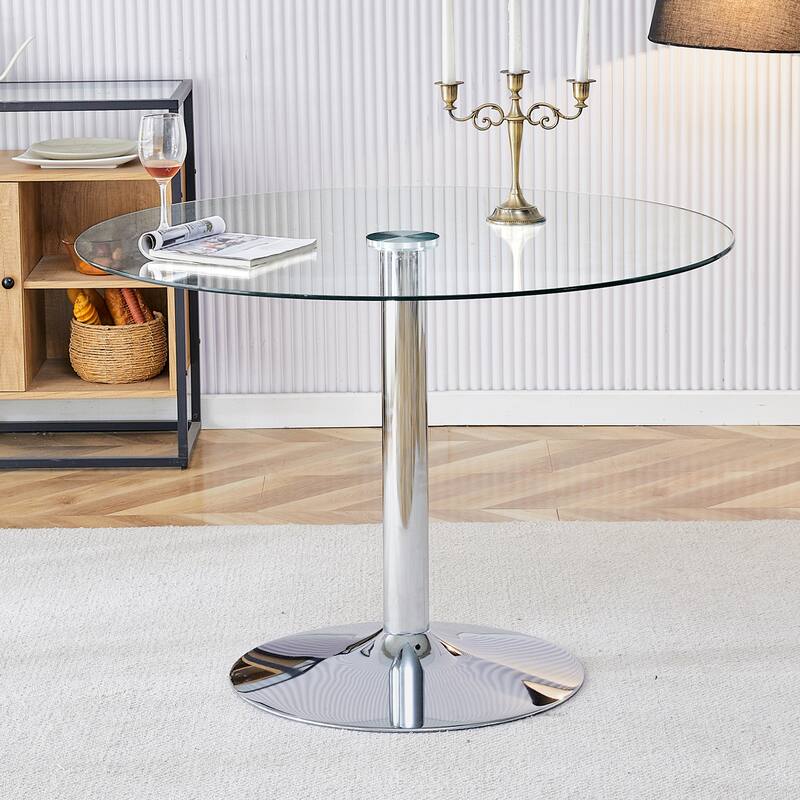 Roomfitters Round Glass Dining Table with 39.7 Inch Top and Silver Electroplated Legs for Dining Area, Silver, Transparent
