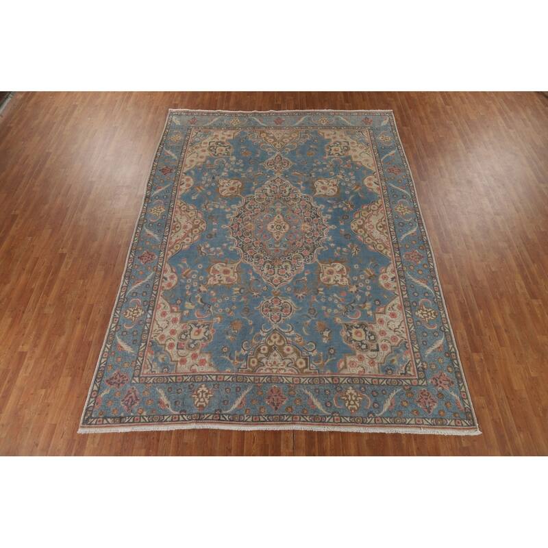 Distressed Blue Tabriz Persian Antique Area Rug Handmade Wool Carpet - 9'3" x 12'8"