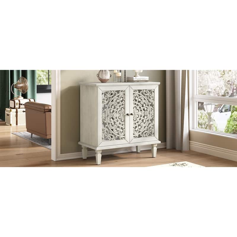 GDF Studio - Vintage Hollow-Carved Accent Cabinet, 2-Door Display Sideboard with Adjustable Shelf