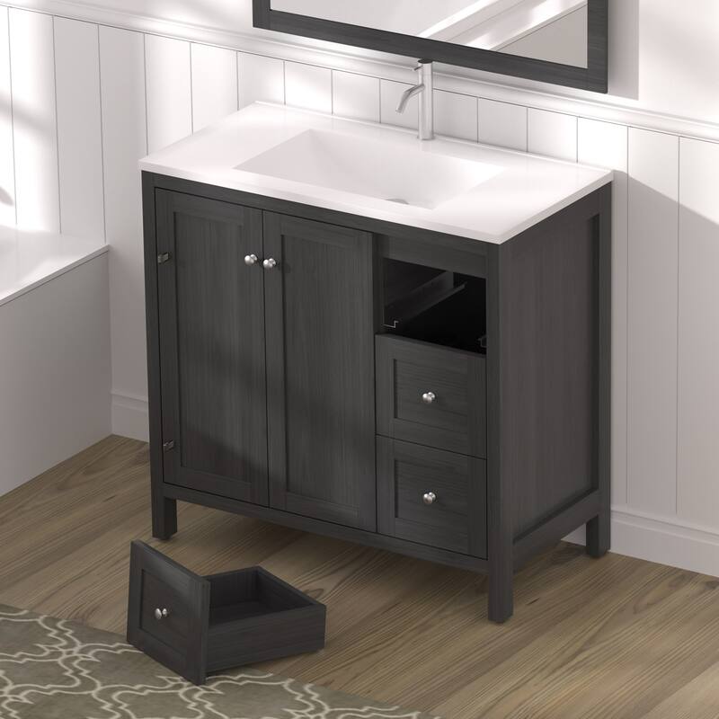 GDF Studio - Munich Modern 35.5" Plywood Bathroom Vanity with 3 Soft-Close Storage Drawers and Basin - Black