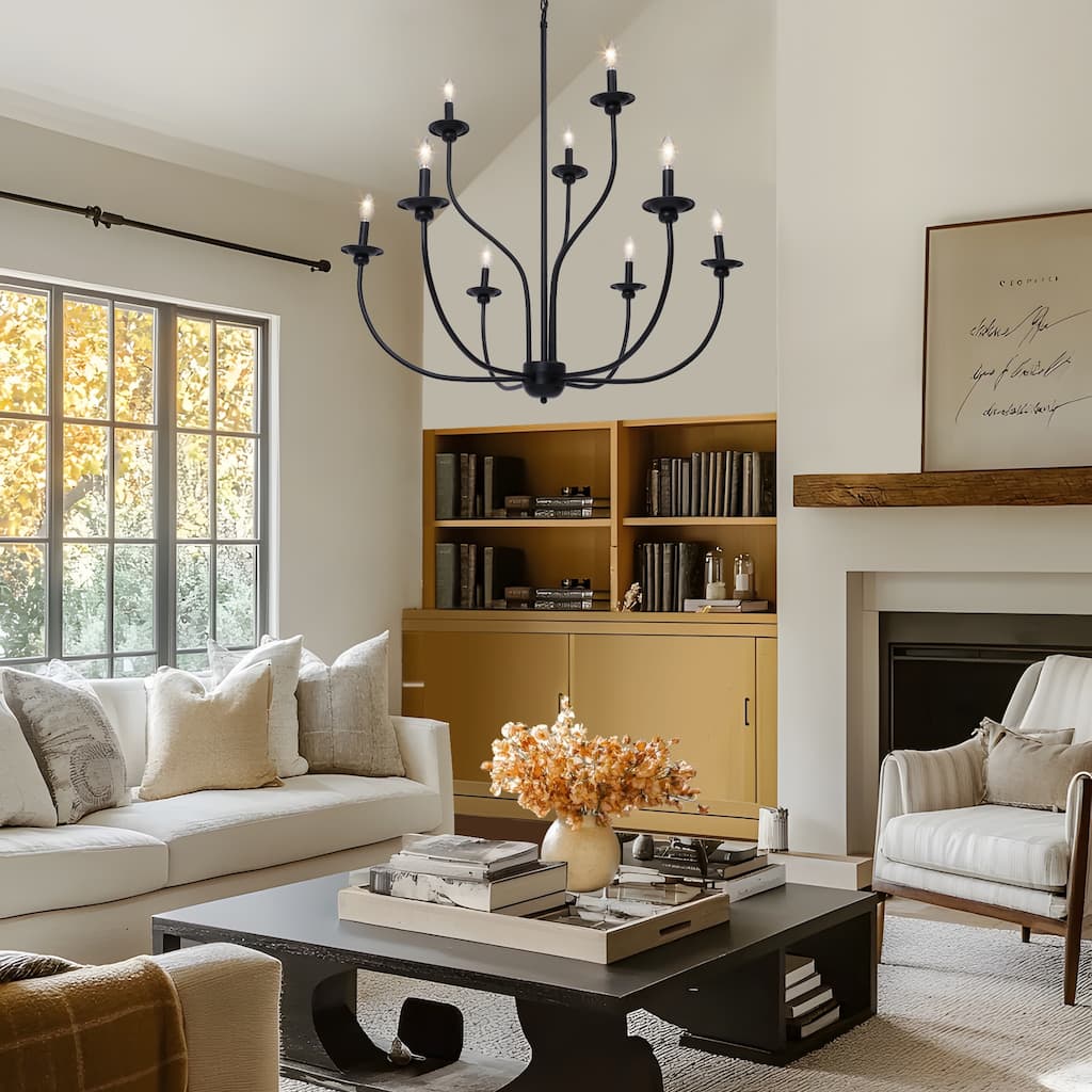 Modern Farmhouse 9-Light Chandelier Black Wheel 2-Tier Candle Lighting for Dining Living Room - D 39.4" x H 31.1"