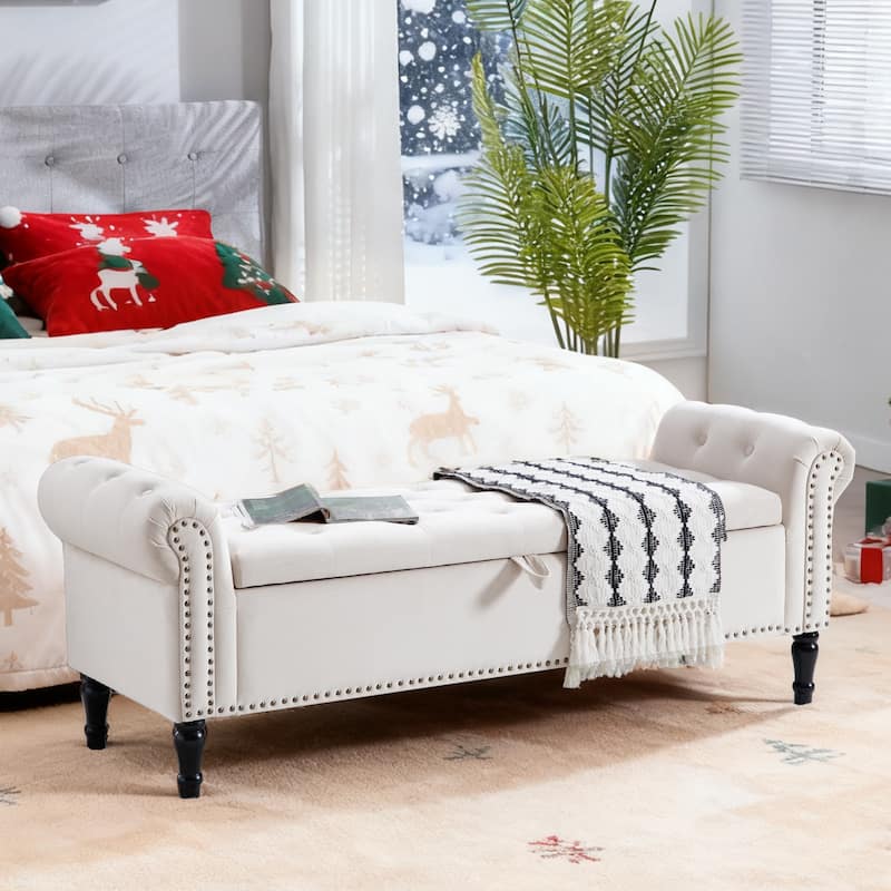 67" Velvet Tufted Storage Bench for Bedroom End of Bed with Roll Arms