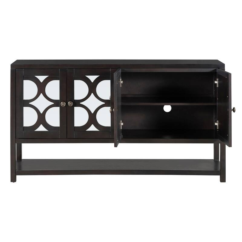 60" Retro Wooden Console Table Storage Cabinet with Mirrored Doors, Spacious Shelves and Acacia Wood Legs