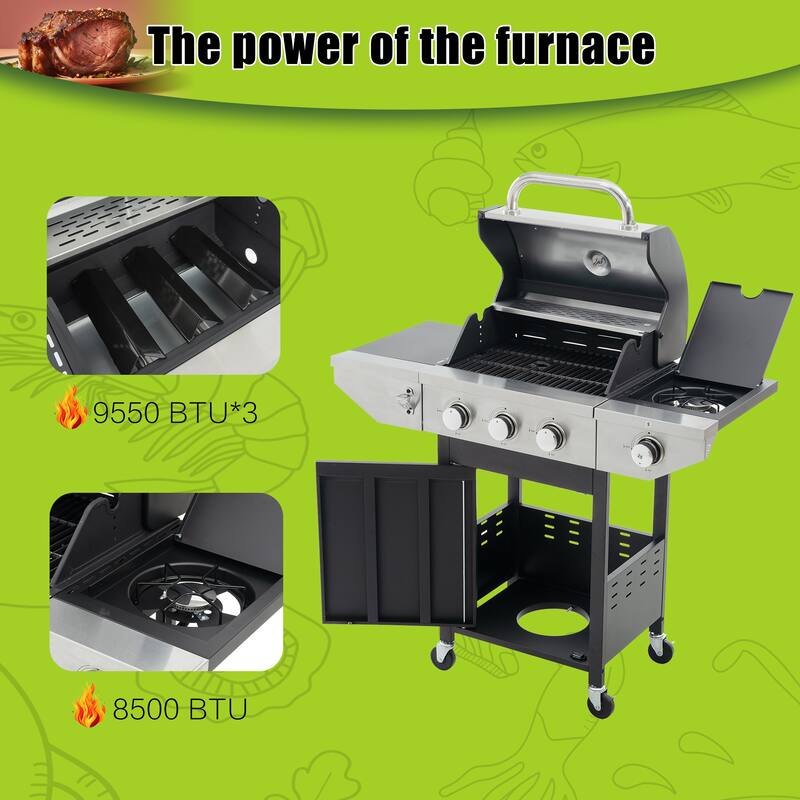 Propane Grill, 3 Burner Barbecue Grill with Side Burner and Electronic Ignition, Stainless Steel BBQ Grill with Wheels