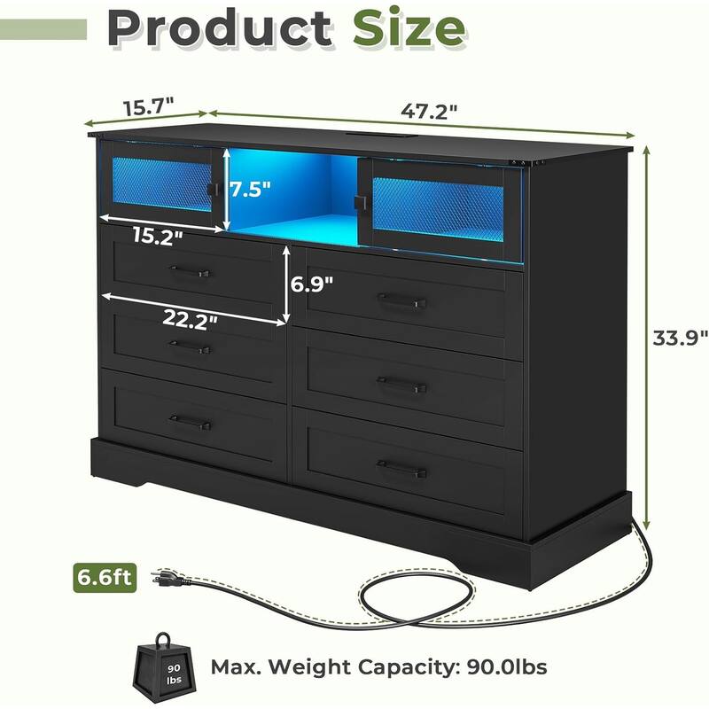 6 Drawers Dresser LED Charging Station Farmhouse Chest of Drawers