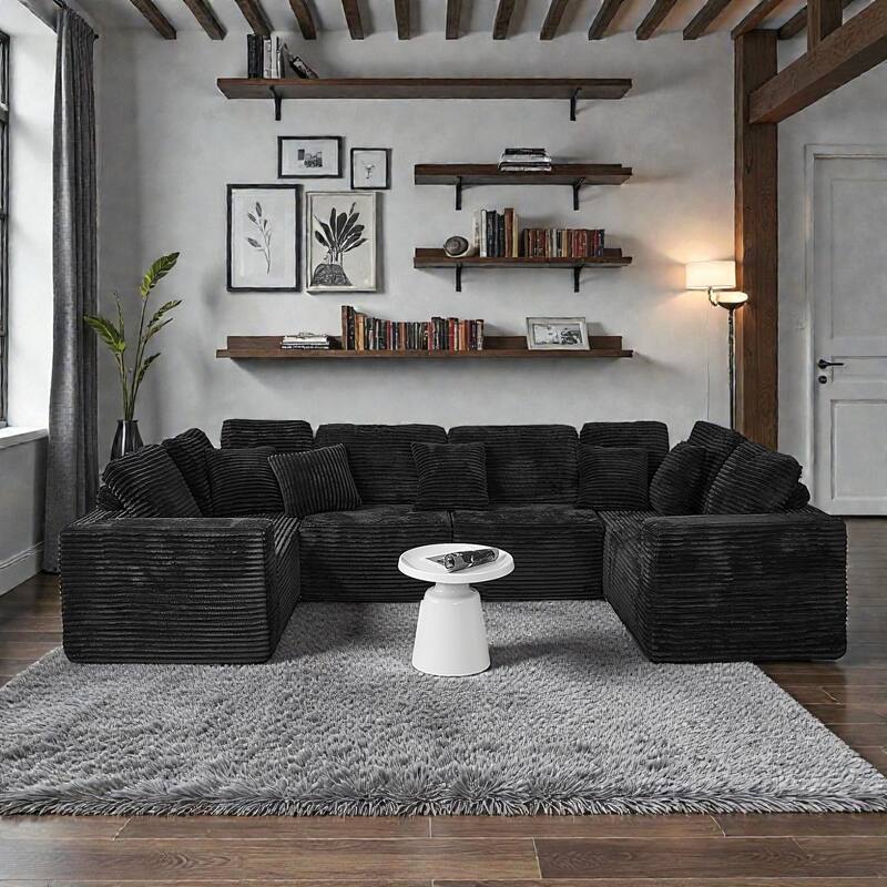 135.5 Inch U Shaped Modular Sectional Sofa, 6 Seat Corduroy Chaise Couch with Reversible Layout