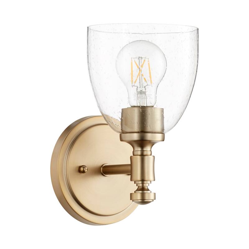 Quorum International Rossington 9" Tall Bathroom Sconce - Aged Brass / Clear Seeded