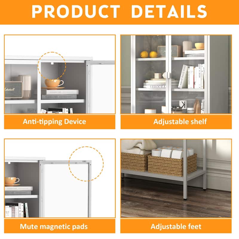 59"H Metal Storage Cabinet,Display Storage Cabinet with Glass Doors and 2 adjustable Shelves,Tall Bookcase Bookshelf Cabinet