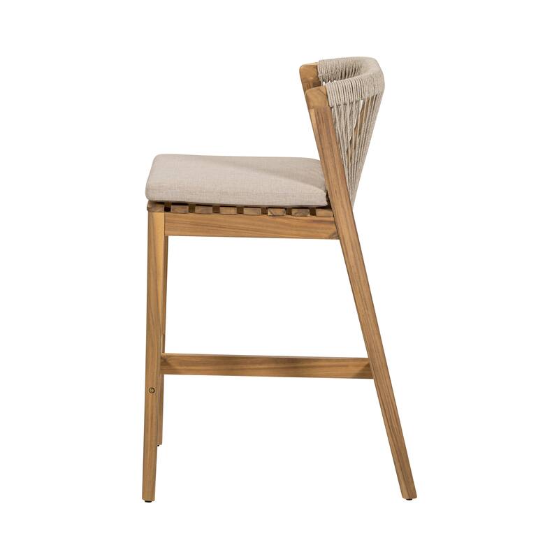 Roomfitters Louie Outdoor Acacia Wood Barstools with Rope Woven Back, Teak Finish and Beige Set of 2