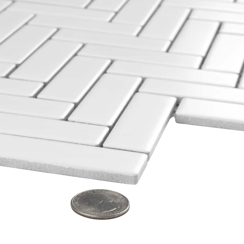 Merola Tile Metro Brick Herringbone Matte White 10-5/8" x 12-1/2" Porcelain Mosaic Floor and Wall Tile