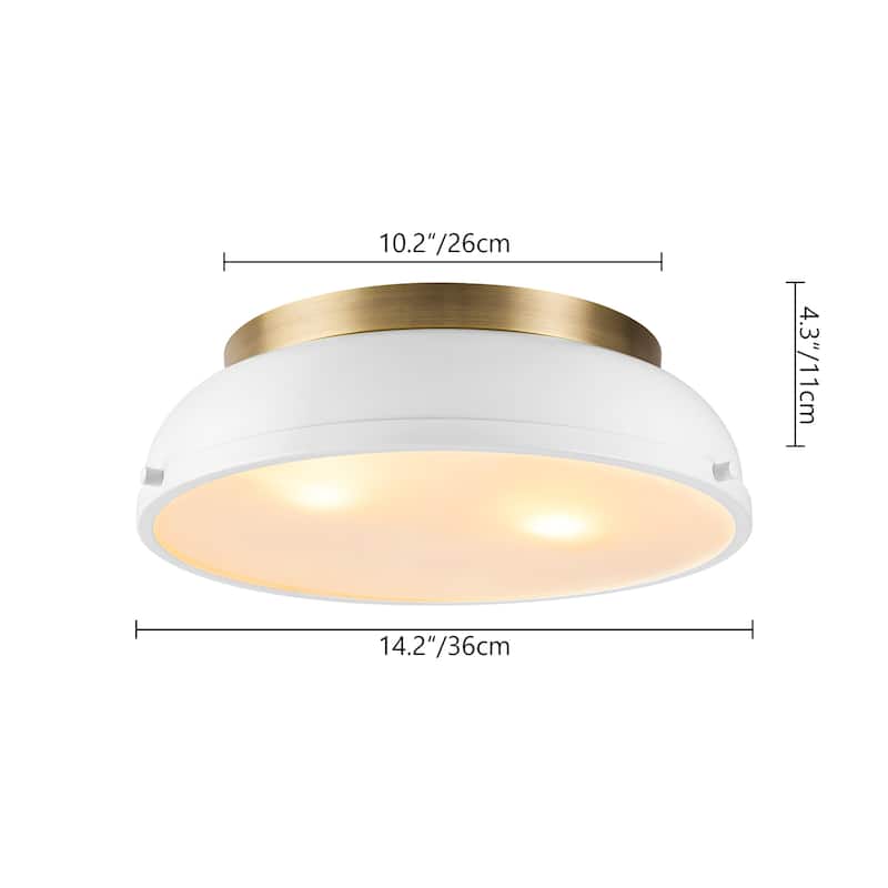 2-Light Modern Industrial Bright White/ Aged Bronze Frosted Glass Cone Dome Flush Mount Lights - 14.2 in. W x 4.3 in. H