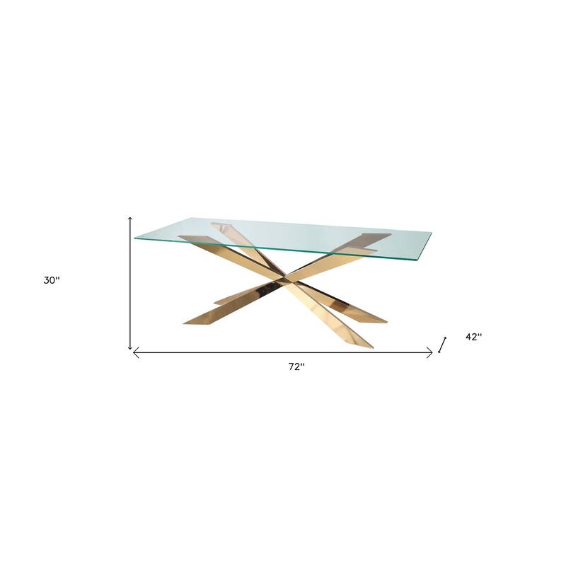 HomeRoots 72" Clear and Gold Glass and Metal Cross Leg Base Dining Table - 72.00 in. x 30.00 in. x 42.00 in.