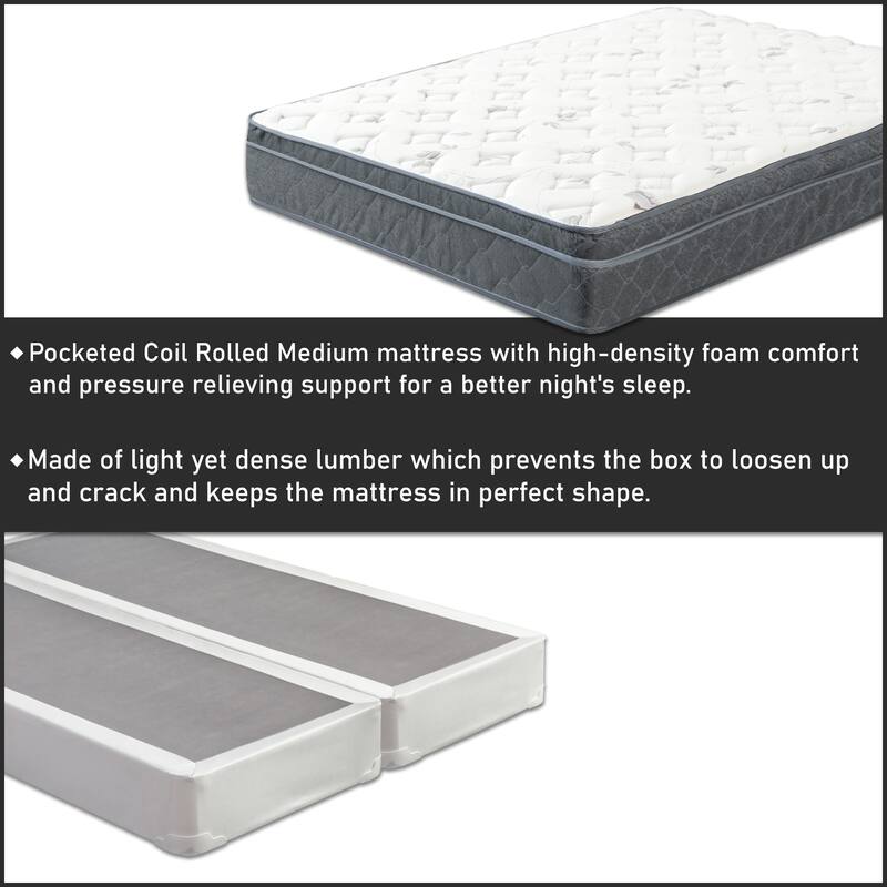 Onetan, 13-Inch Medium Euro Top Pocket Coil Rolled Mattress and 4" and 8" Split Wood Box Spring Set,