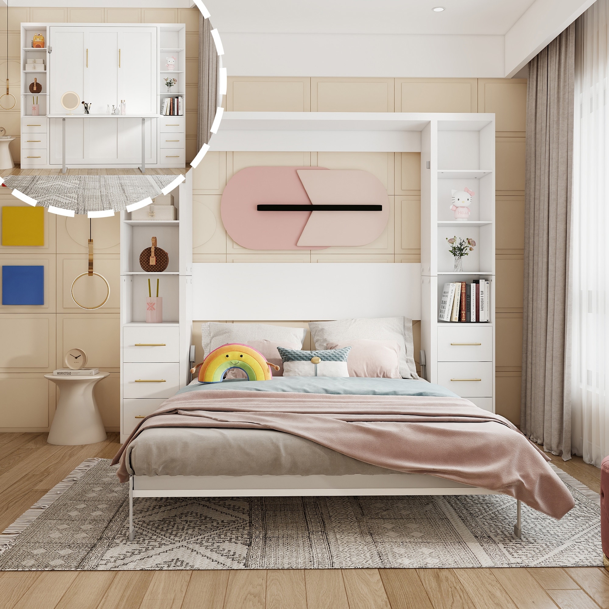 GDFStudio - Modern Foldable Murphy Wall Bed with Integrated Desk & Side Storage Cabinets