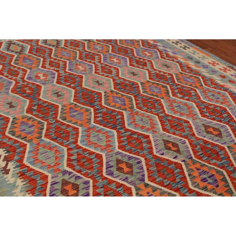 Geometric Kilim Area Rug Flatweave Oriental Wool Carpet - 8'4"x 11'2"