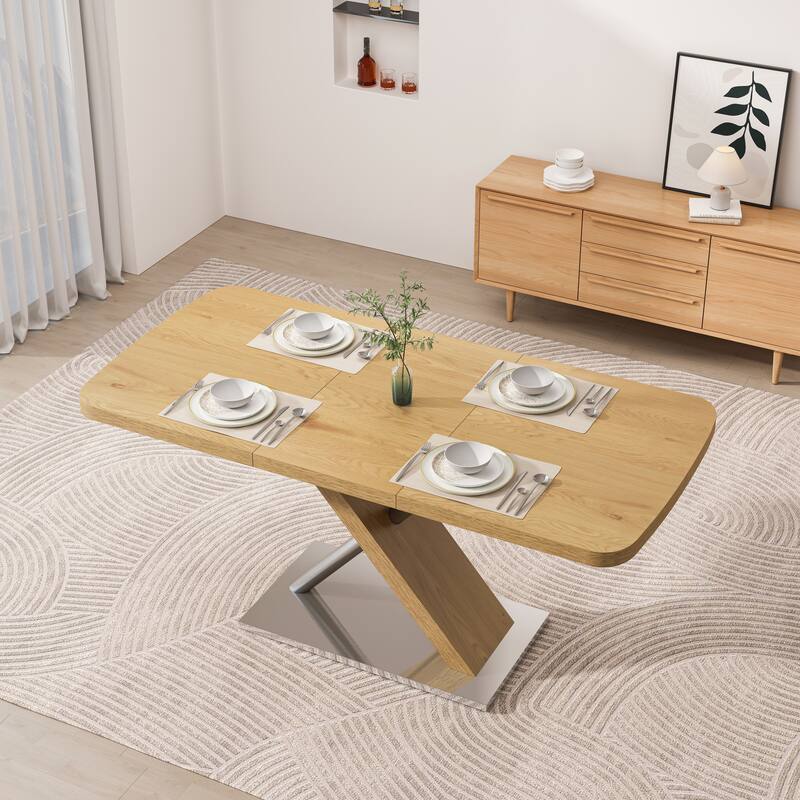 Dining Table, Original Wood Color, Seating 4-6 People, Retractable Table, Cross Metal Base and Stainless Steel Tubing