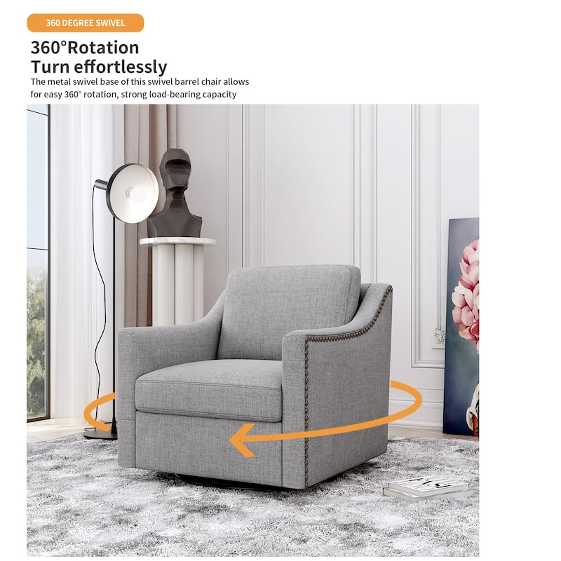 Swivel Barrel Chair, Linen Upholstered Accent Armchair with Ergonomic Design & Brass Nailhead Trim for Living Room, Bedroom