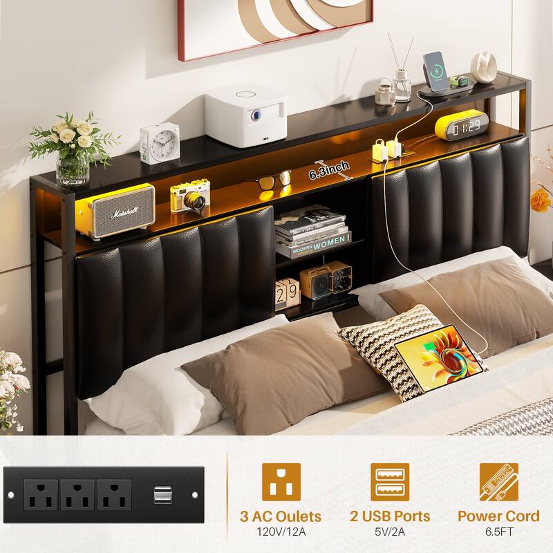 Upholstered Bed Frame with Storage Shelving, Platform Beds with Charge Station and LED Lights