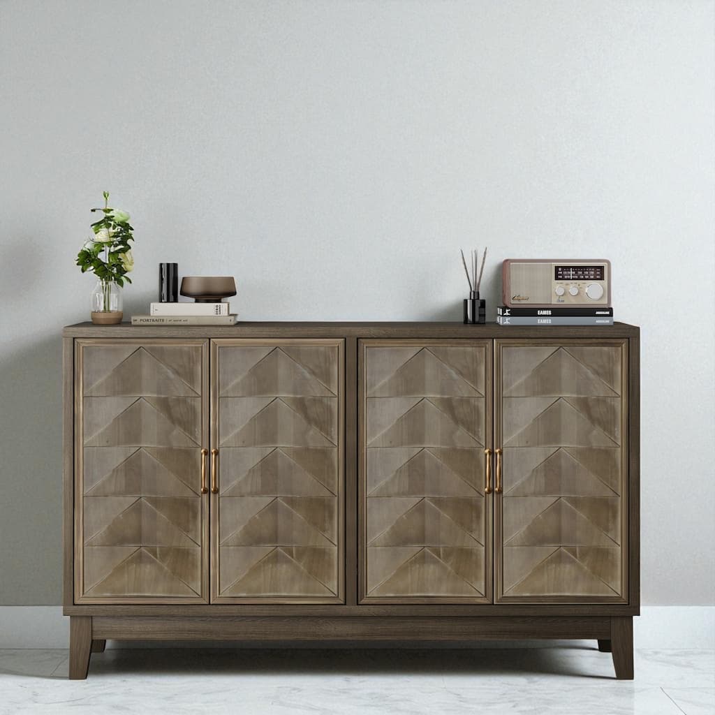 Vintage Brown Sideboard Buffet Cabinet with 4 Doors, Adjustable Shelves, Solid Wood Console for Kitchen or Entryway