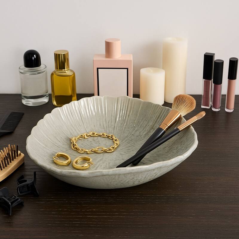 Decorative Round Scalloped Edge Bowl with Speckled Finish - 17", Gray - 17.0"