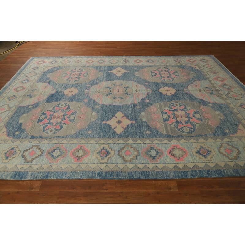 Hand Knotted Oriental 100% Wool Carpet Transitional Geometric Navy Blue & Blues Oushak Area Rug - 10' 7'' X 7' 11''
