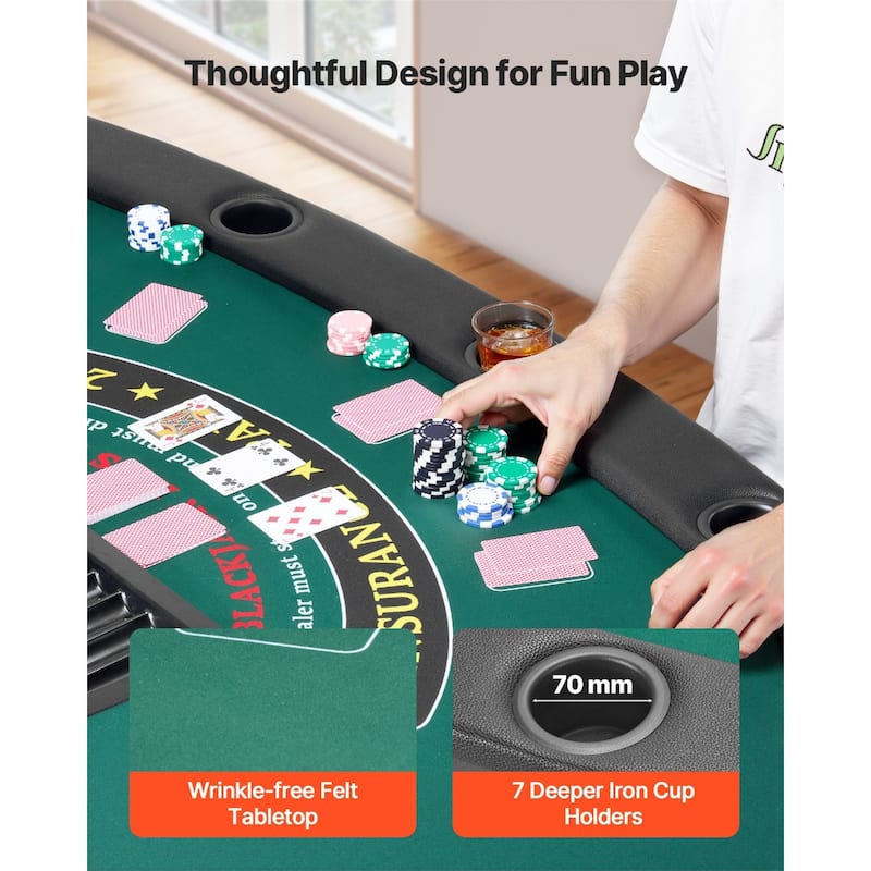 72 Inch Foldable Poker Table for 7 Players with Cup Holders & Felt Surface - 72.0 x 32.5 x 30.1 in