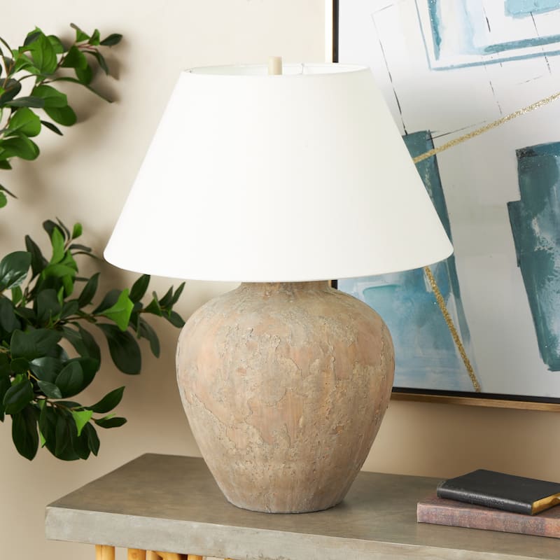 Ceramic Wide Rounded Distressed Antique Table Lamp with Cream Linen Shade - Black or Brown - Roche River Decor - Light Brown