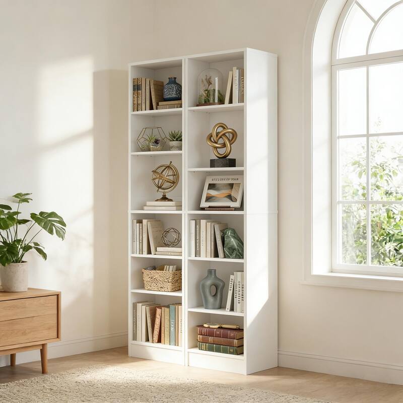 80"H Tall 6-Tier Bookcase With 2 Adjustable Shelves，Modern Open Storage Shelf for Home Office and Bedroom