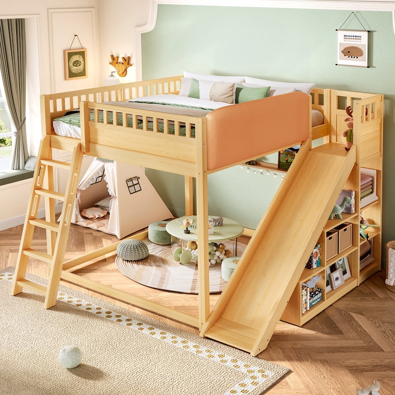 Minimalist Wood Loft Bed Frame with Upholstered Headboard, Storage Open Shelves, Safety Guardrails, Ladder and Slide for Kids - Natural - Queen