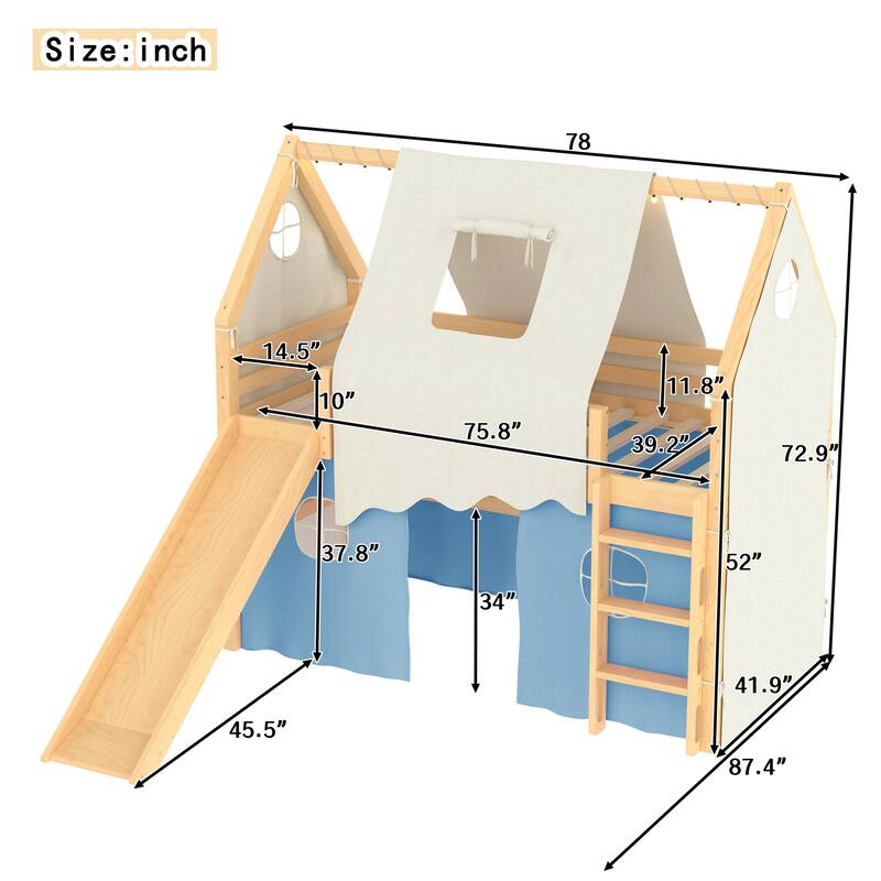 Fairytale Loft Bed Wooden House Bed with Tents, Light Strip and Slide