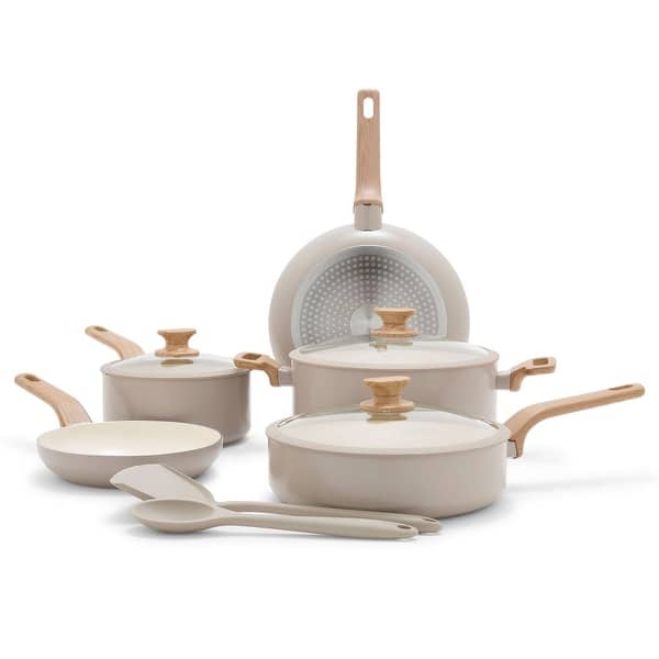 GreenPan Essence Wood 10 Piece Cookware Set, Healthy Ceramic Nonstick, Silicone Rim Lids, Wood Print Handles, Dishwasher Safe - Taupe