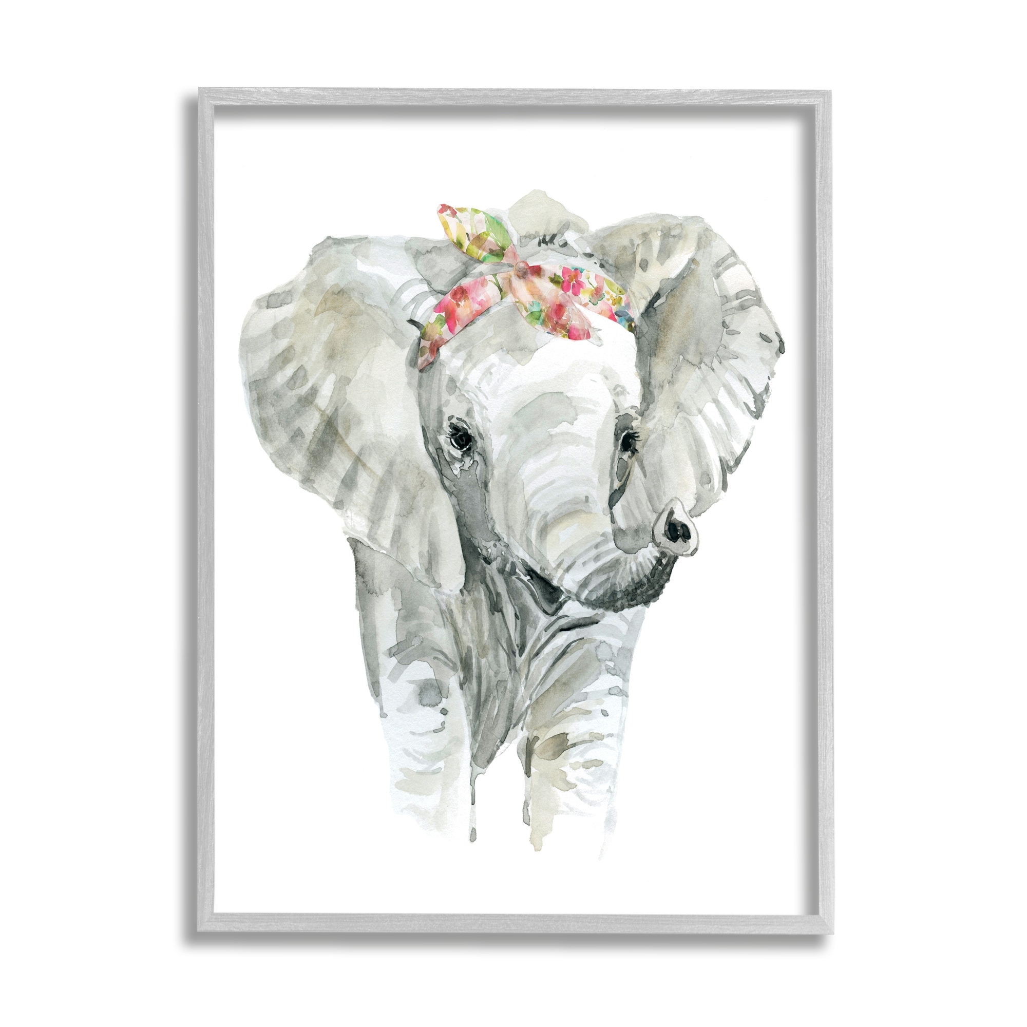 Stupell Chic Baby Elephant with Floral Print Hair Tie Framed Wall Art - Grey