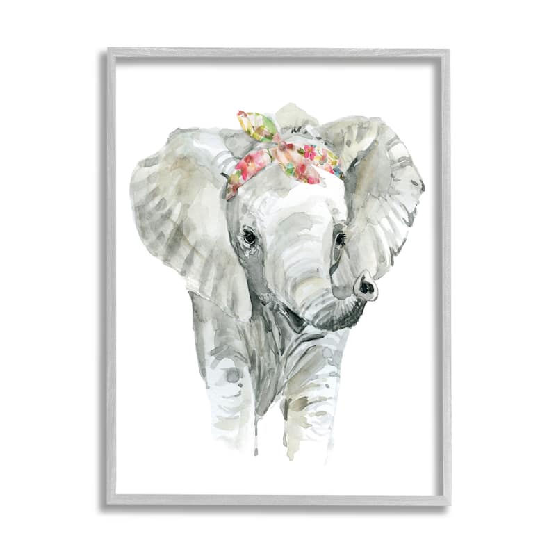Stupell Chic Baby Elephant with Floral Print Hair Tie Framed Wall Art - Grey - 11 x 14 - Grey