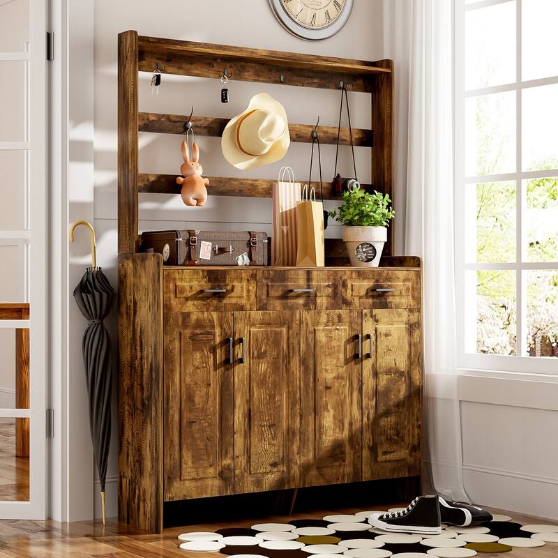4 Door Shoe Cabinet with Coat Rack, Multi-Functional Shoe Rack with 3 Drawers, 8 Shelves, Entryway Wood Storage Console