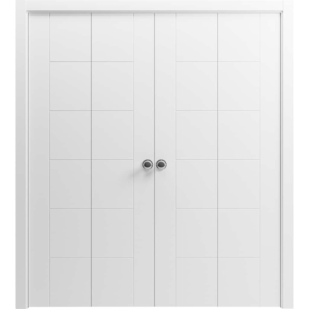 Sliding Closet Double Bi-fold Doors | Mela 0716 Painted White | Sturdy Tracks Moldings Trims | Wood Solid Bedroom Wardrobe