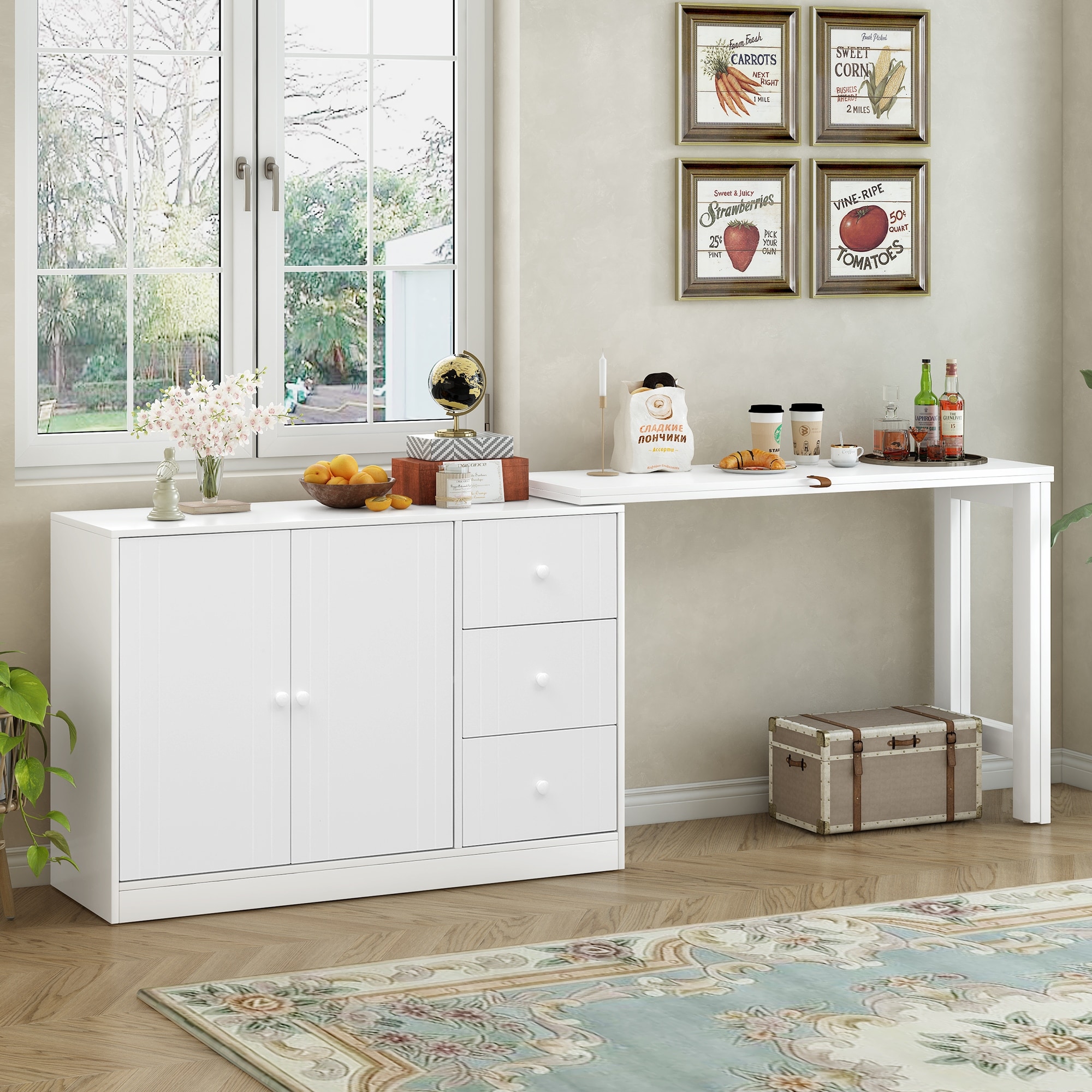 Versatile Sideboard with Adjustable Pull-Out Top, 2 Doors & 3 Drawers - MDF Painted Finish, Ample Storage, Easy Assembly