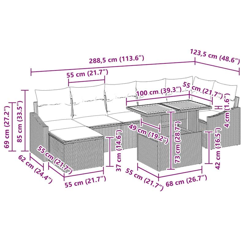 vidaXL 8 Garden Sofa Set with Cushions Black/Grey Poly Rattan - 113.6 x 48.6 x 27.2