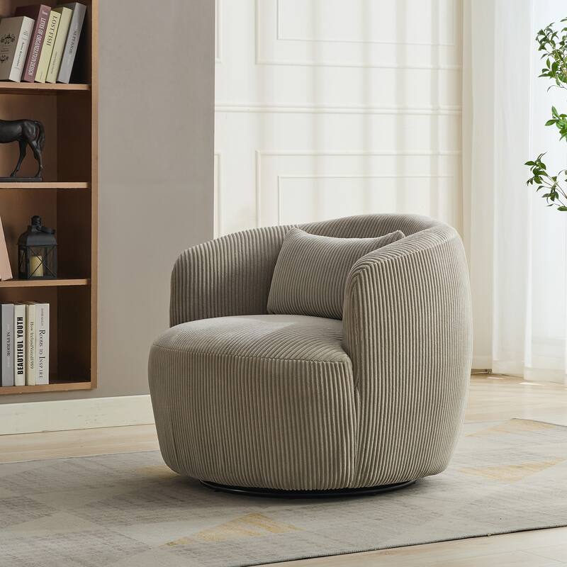 Roomfitters Swivel Barrel Accent Chair, Upholstered Corduroy Reading Armchair with Pillow for Living Room or Bedroom