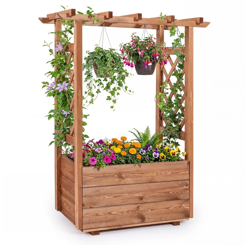 Gymax Wooden Raised Garden Bed/ Lattice Trellises Hanging Roof - Orange