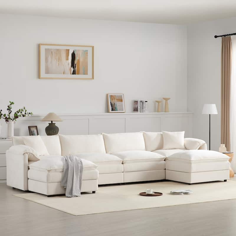 Roomfitters 136" Chenille Sectional Sofa, U Shaped Cloud Couch with Deep Wide Seat, 6 Seat Sofa with Ottoman - White