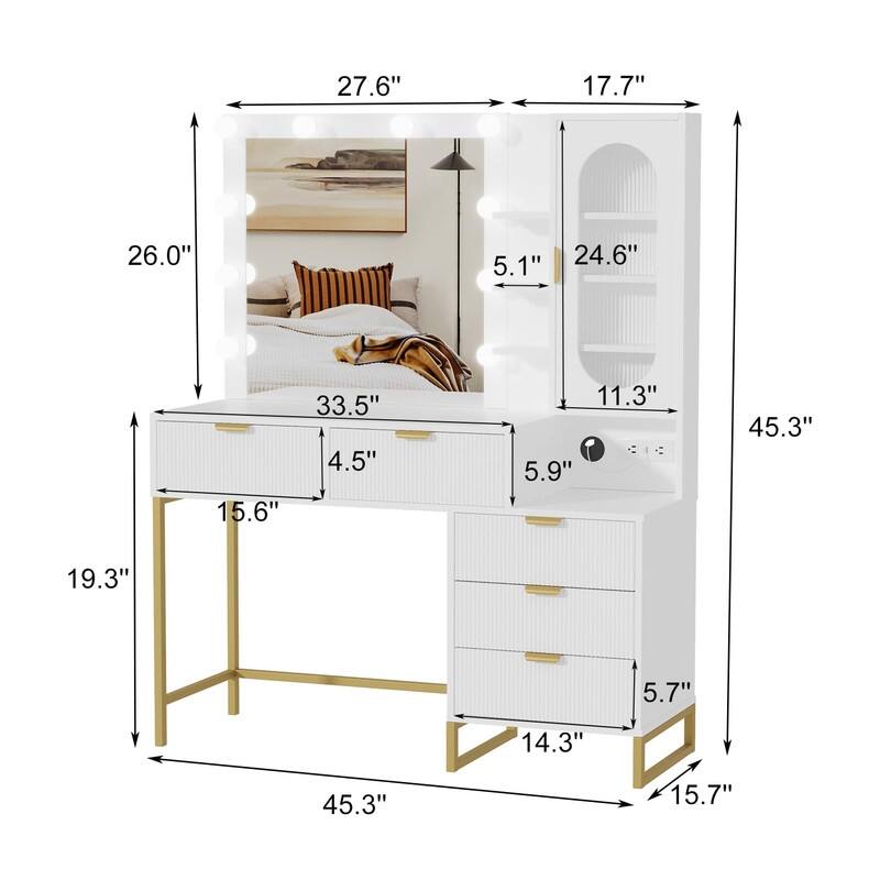 Makeup Vanity Desk with LED Lighted Mirror, USB, Power Outlets, 5 Drawers, 3 Shelves