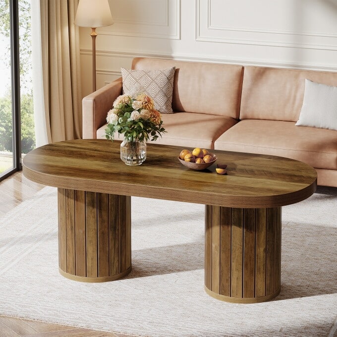 Oval Wooden Coffee Table with Cylindrical Legs